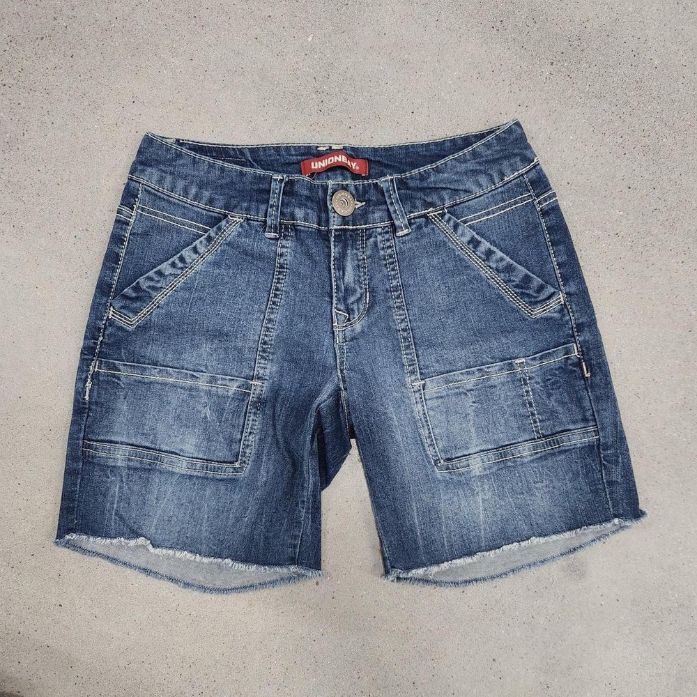 Unionbay Vintage 90s Y2K Utility Cargo Denim Jorts Frayed Hem Blue Skater Size 3